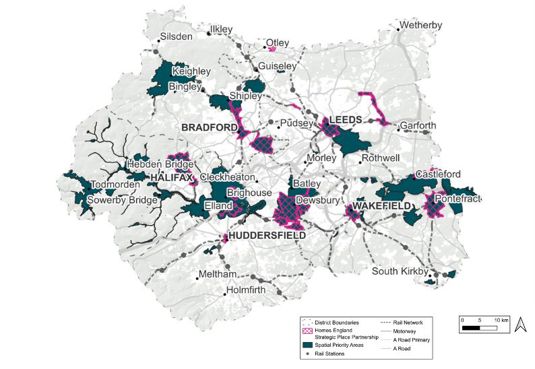 A map of priority areas in West Yorkshire identified by the Strategic Place Partnership