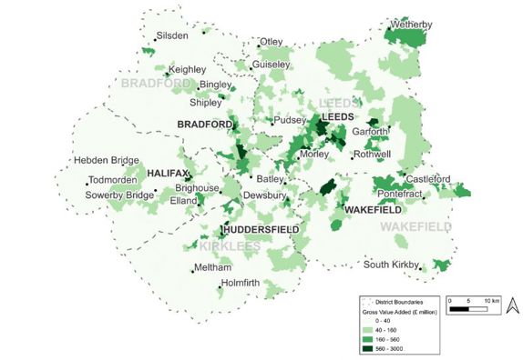 A map showing the economic geography of West Yorkshire, with shading depicting the gross value added in £million from 2022 by lower super output area