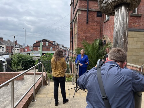Pictured, Alison Lowe being interviewed on the day for broadcast.