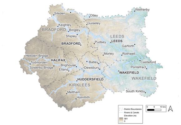 A topographical map of West Yorkshire showing district boundaries of Leeds, Bradford, Halifax, Huddersfield and Wakefield, with shading depicting elevation, rivers and canals