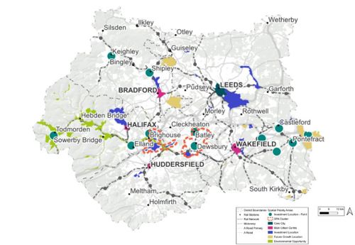 A map of spatial priority areas of West Yorkshire, highlighting investment locations, future growth locations, environmental opportunity, main urban centres and the core cities