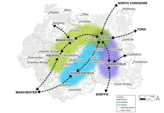 A map showing the three West Yorkshire corridors of opportunity as described on the page
